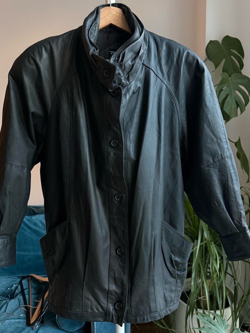 Vintage 90s Korean Pelle Black Genuine Leather Funnel Button-Front Jacket S